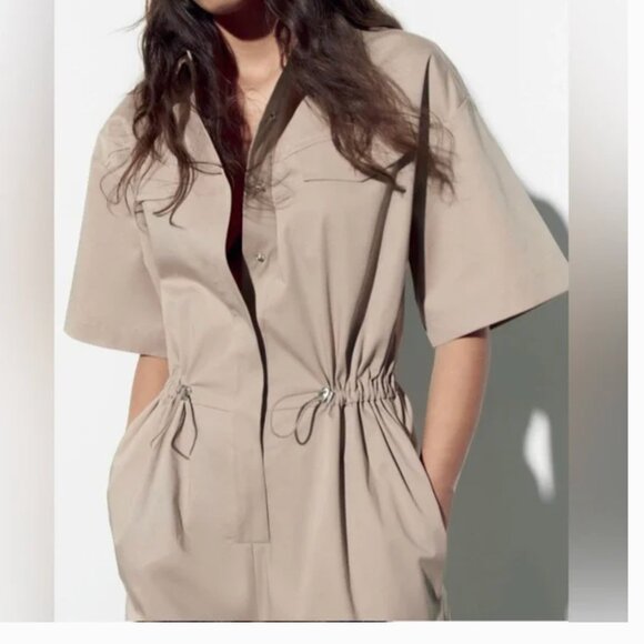 NWT ZARA FULL LENGTH Poplin GABARDINE JUMPSUIT Beige  Cargo Pocket Blogger Fave - Picture 4 of 14